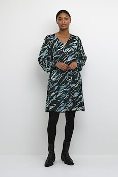 black and white printed wrap dress, green tights